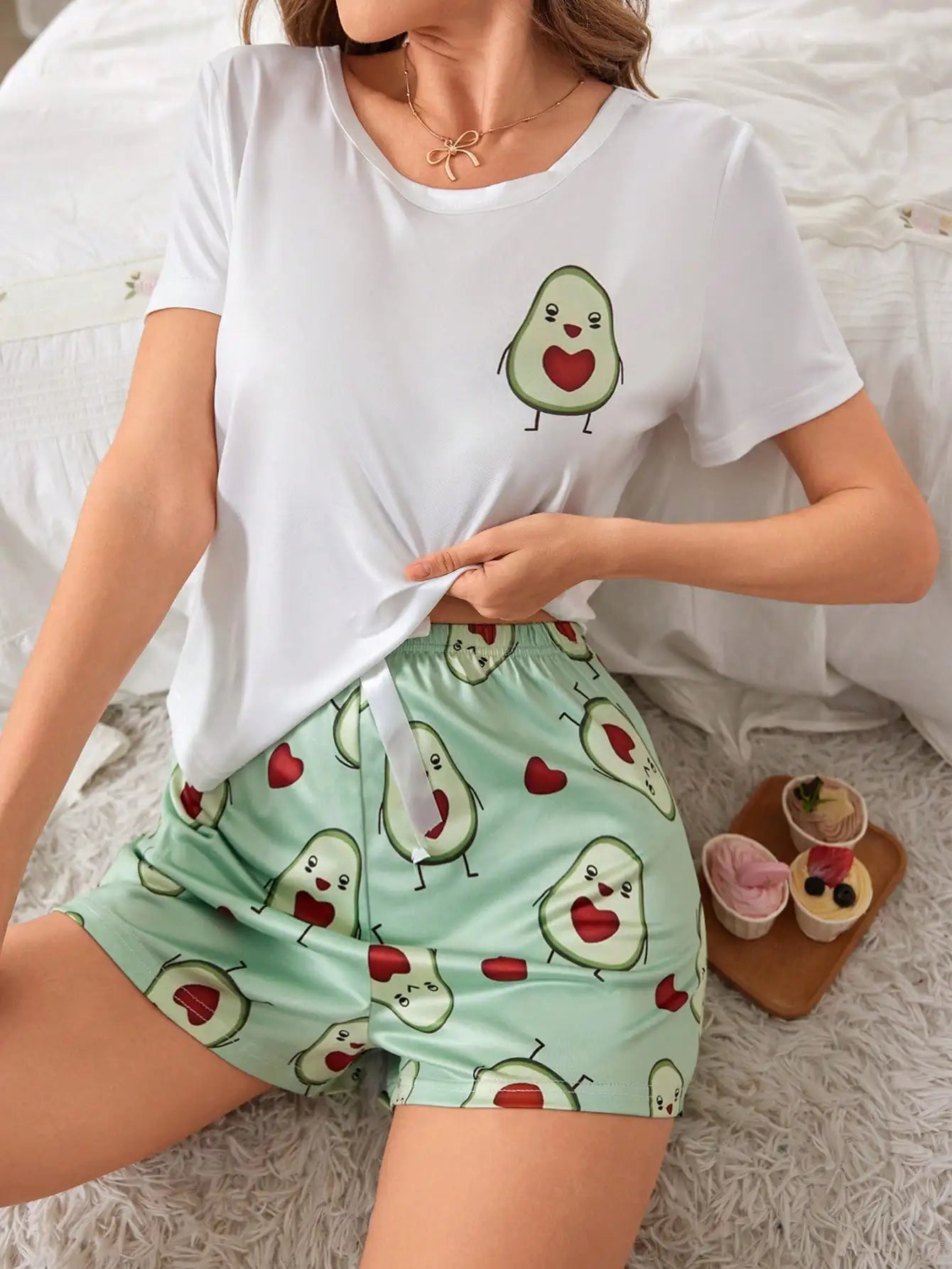 Women's Cute Avocado Print Short Sleeve Pajama Shorts Set