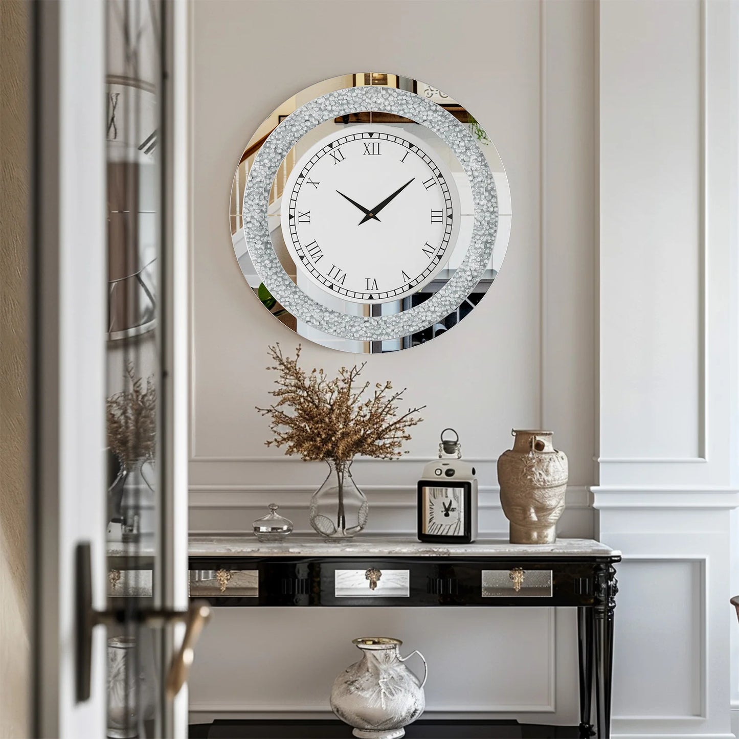 Round Mirror Wall Clock With Crystal Sparkle For Living Room