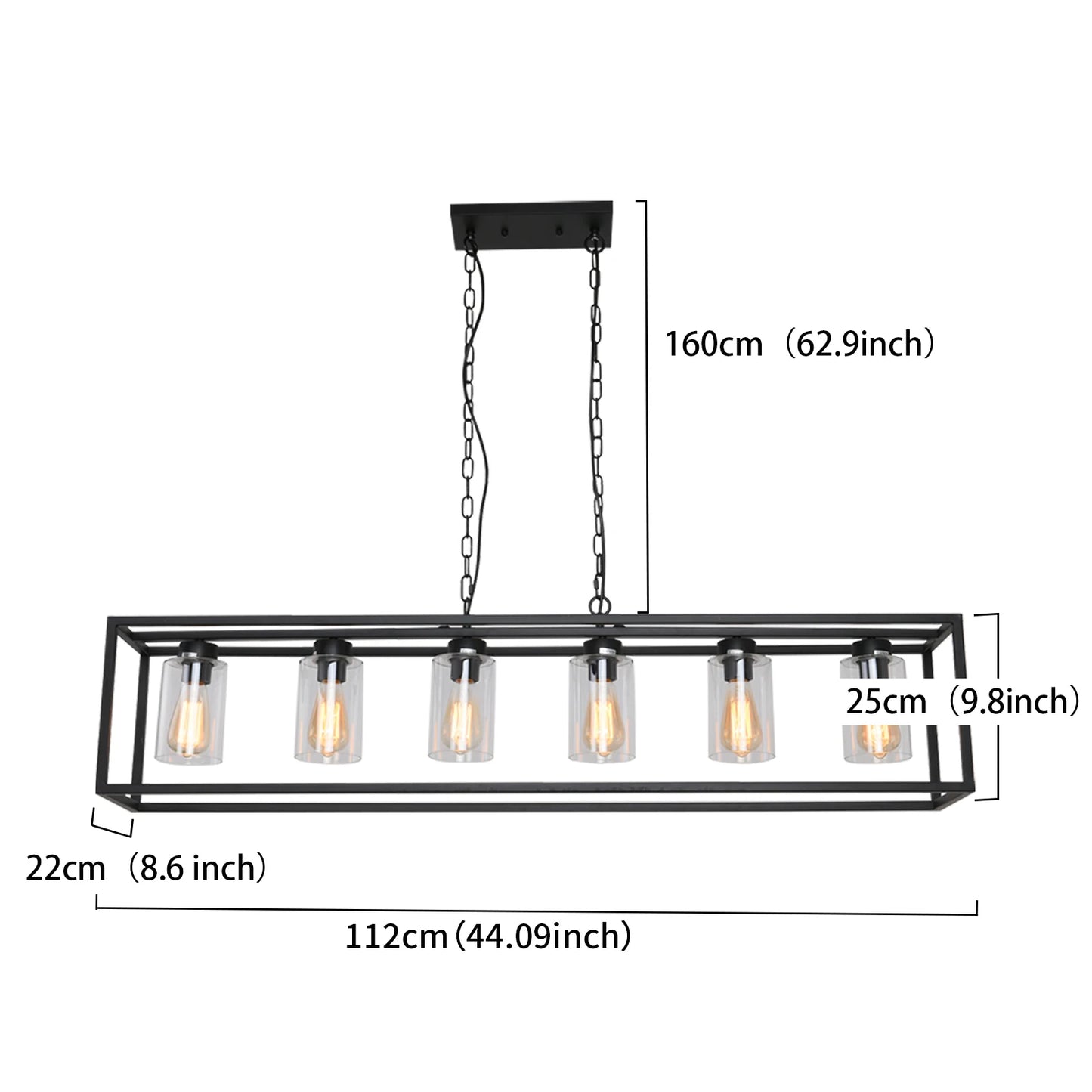 6 Light Cage Chandeliers with Glass Shade Rectangle Black Dining Room Lighting Fixtures Kitchen Island Hanging Pendant Lamps