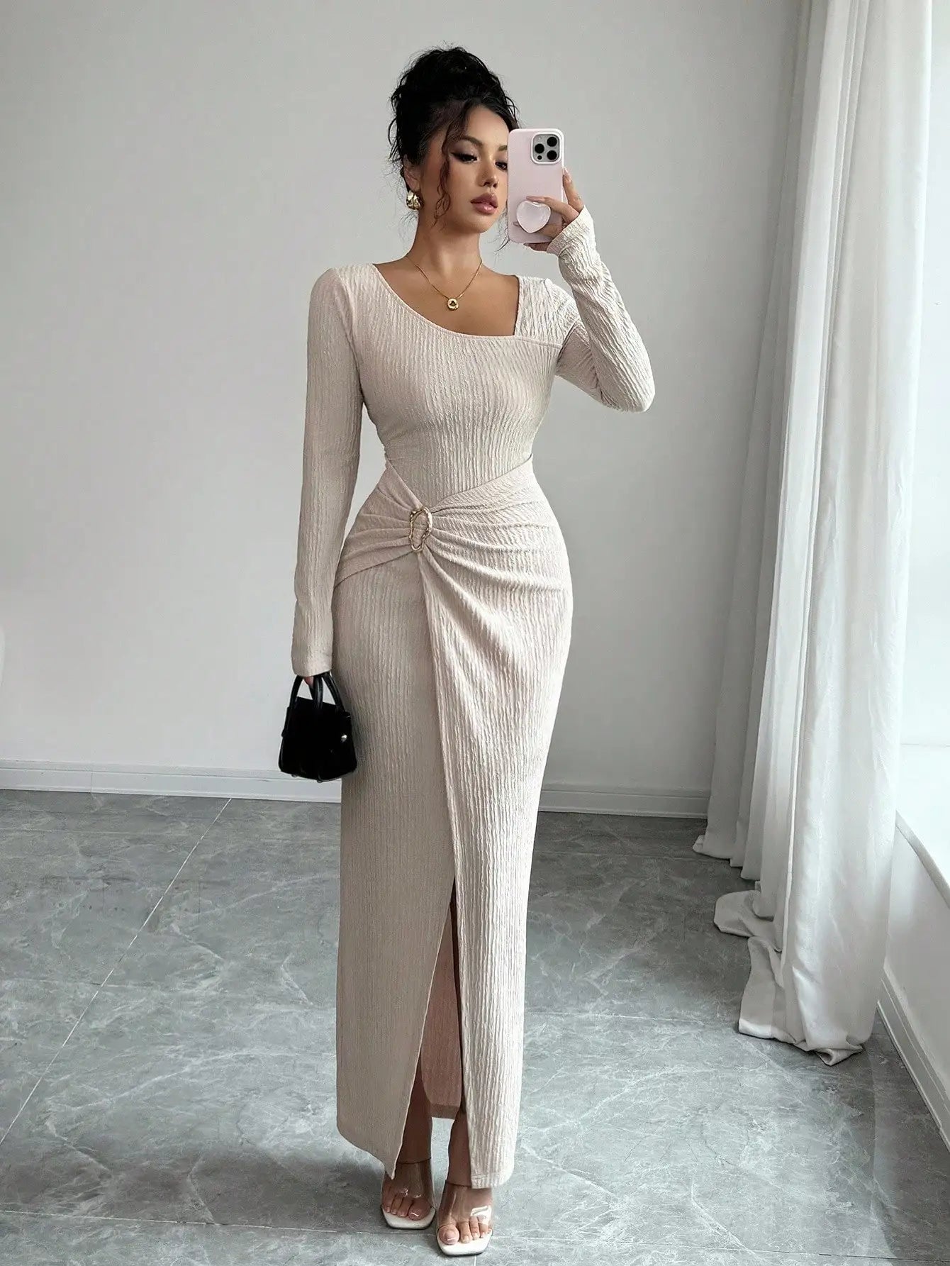 Asymmetrical Neck Knitted Bodycon Dress With Twist Waist Side Slit
