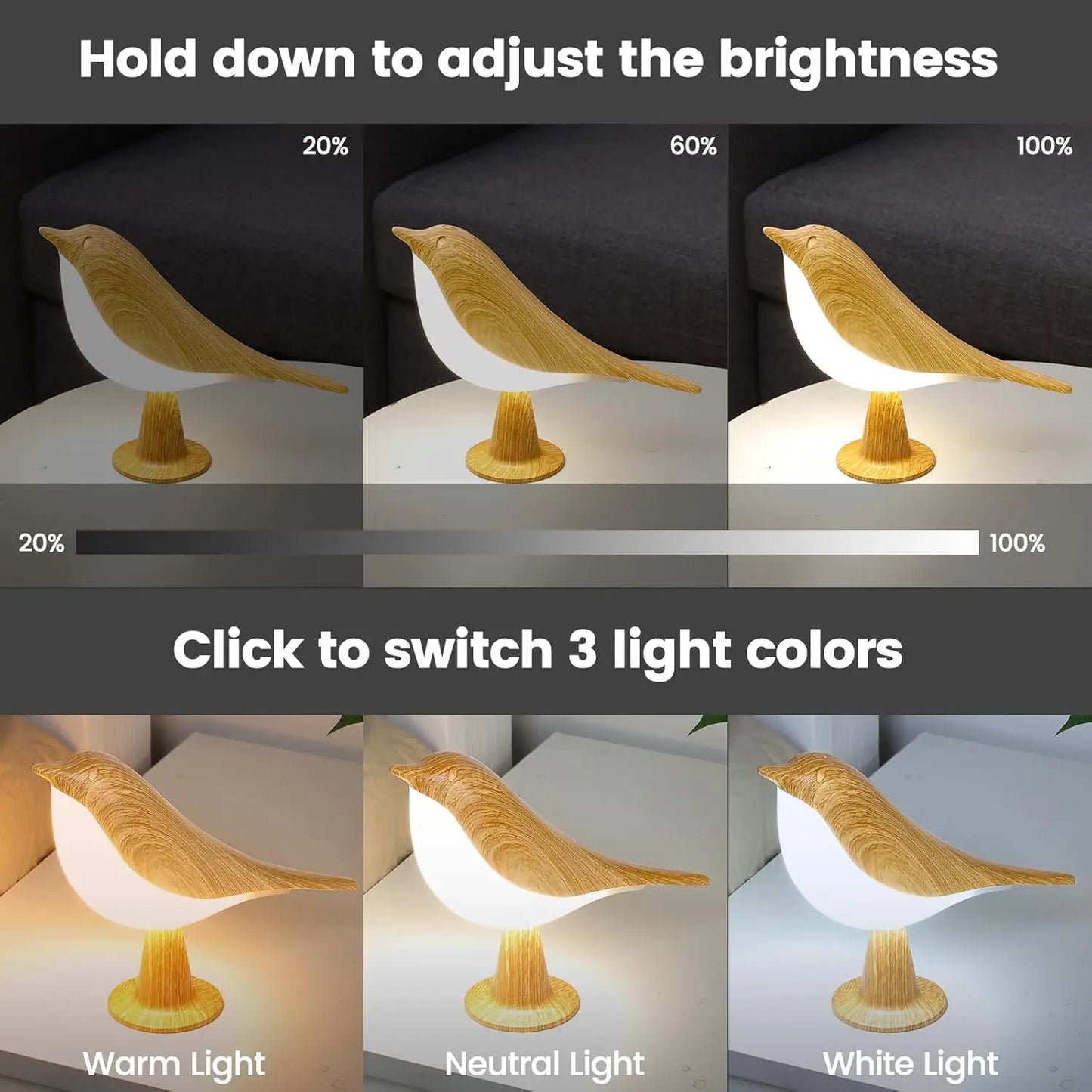 LED Touch Control Bird Lamp Art Deco Dimmable Rechargeable Battery