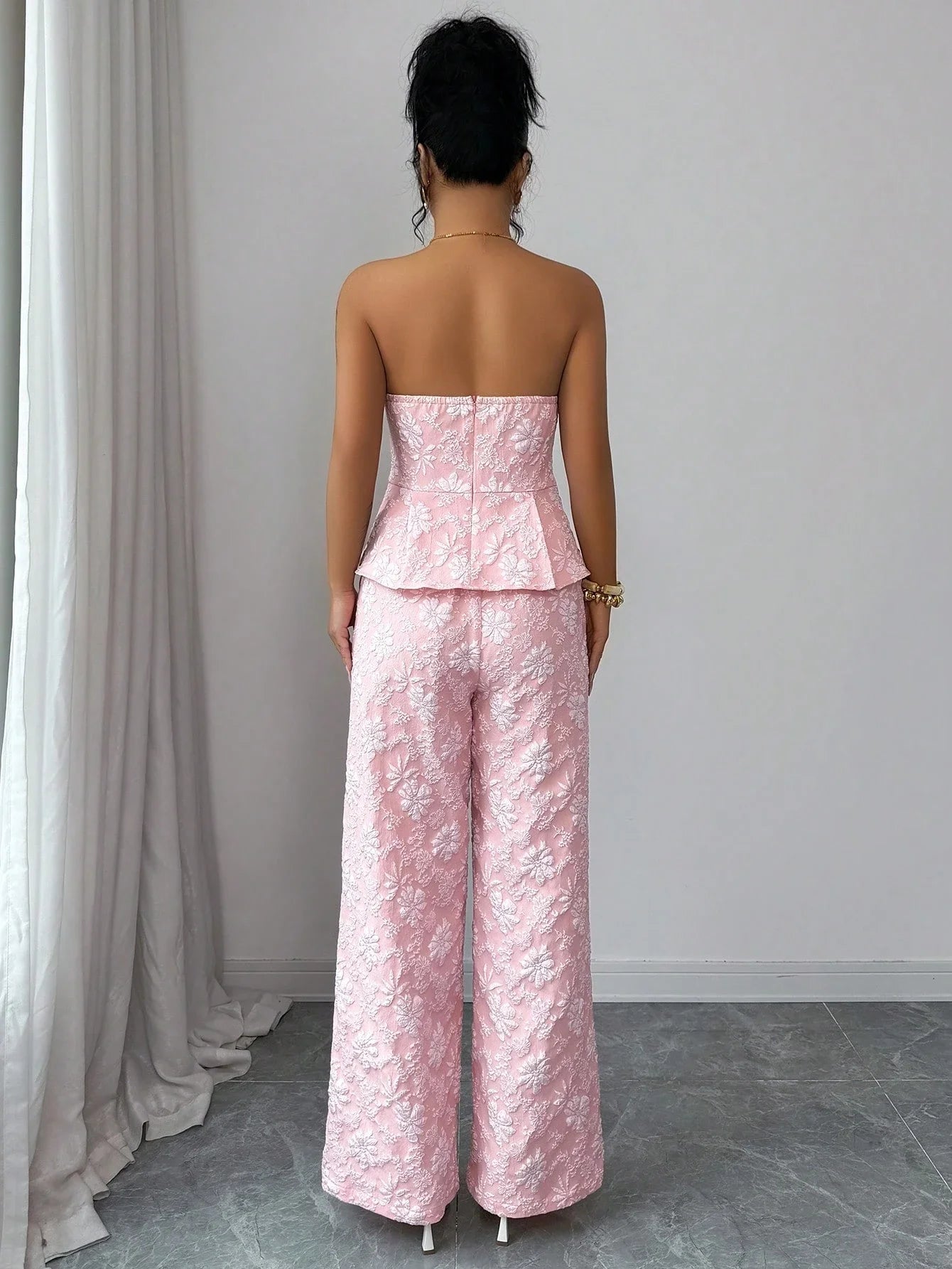 Floral Jacquard Strapless Peplum Top And Wide Leg Pants Set