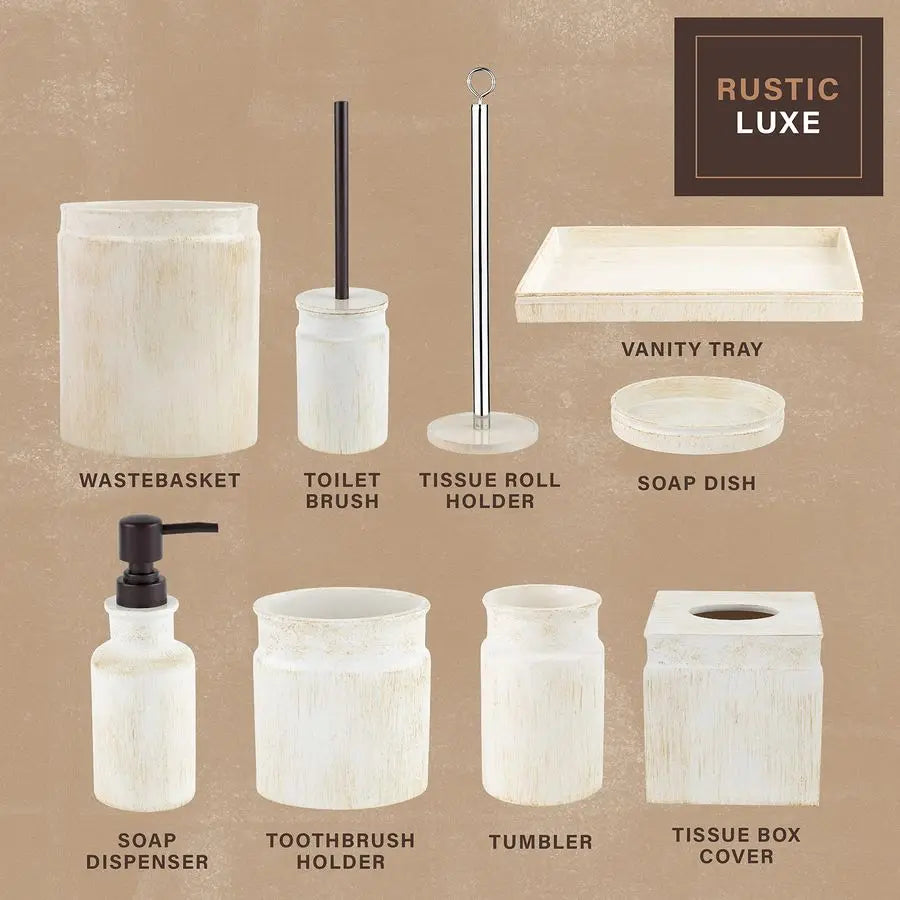 Rustic Luxe Bathroom Accessory Set Complete 4 Piece Beige Bathroom Soap Dispenser Set has Lotion Dispenser, Toothbrush Holder, T