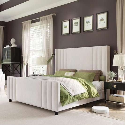 Velvet Upholstered Platform Bed With Vertical Channel Tufting And Wingback