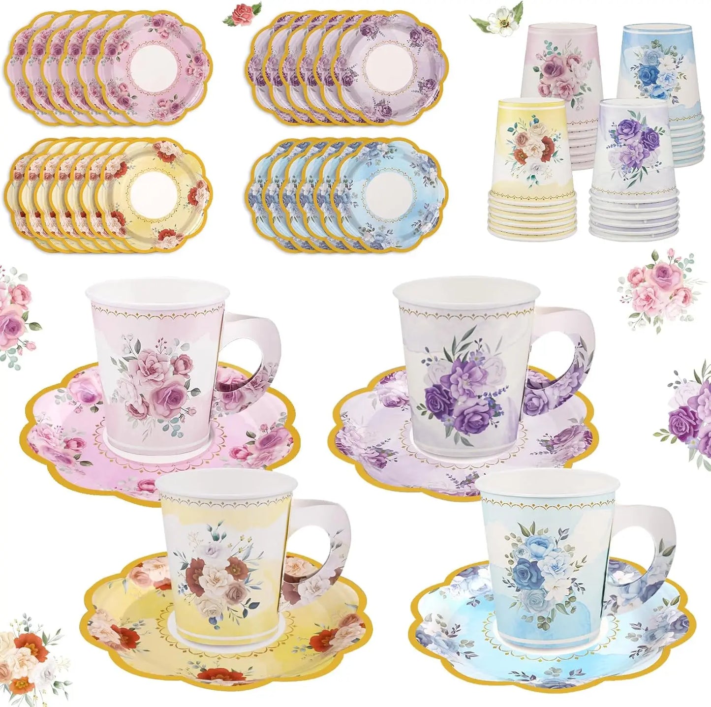 Floral Disposable Tea Cup Set With Handles And Saucers