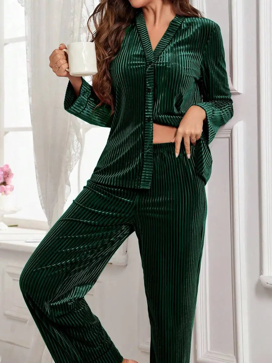 Velvet Long Sleeve Pajama Set With Ribbed Texture