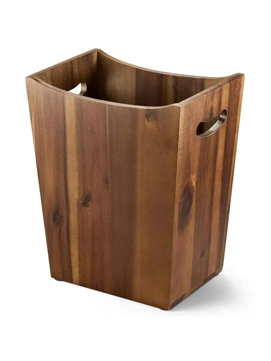 Rectangular Acacia Wood Waste Basket With Handles