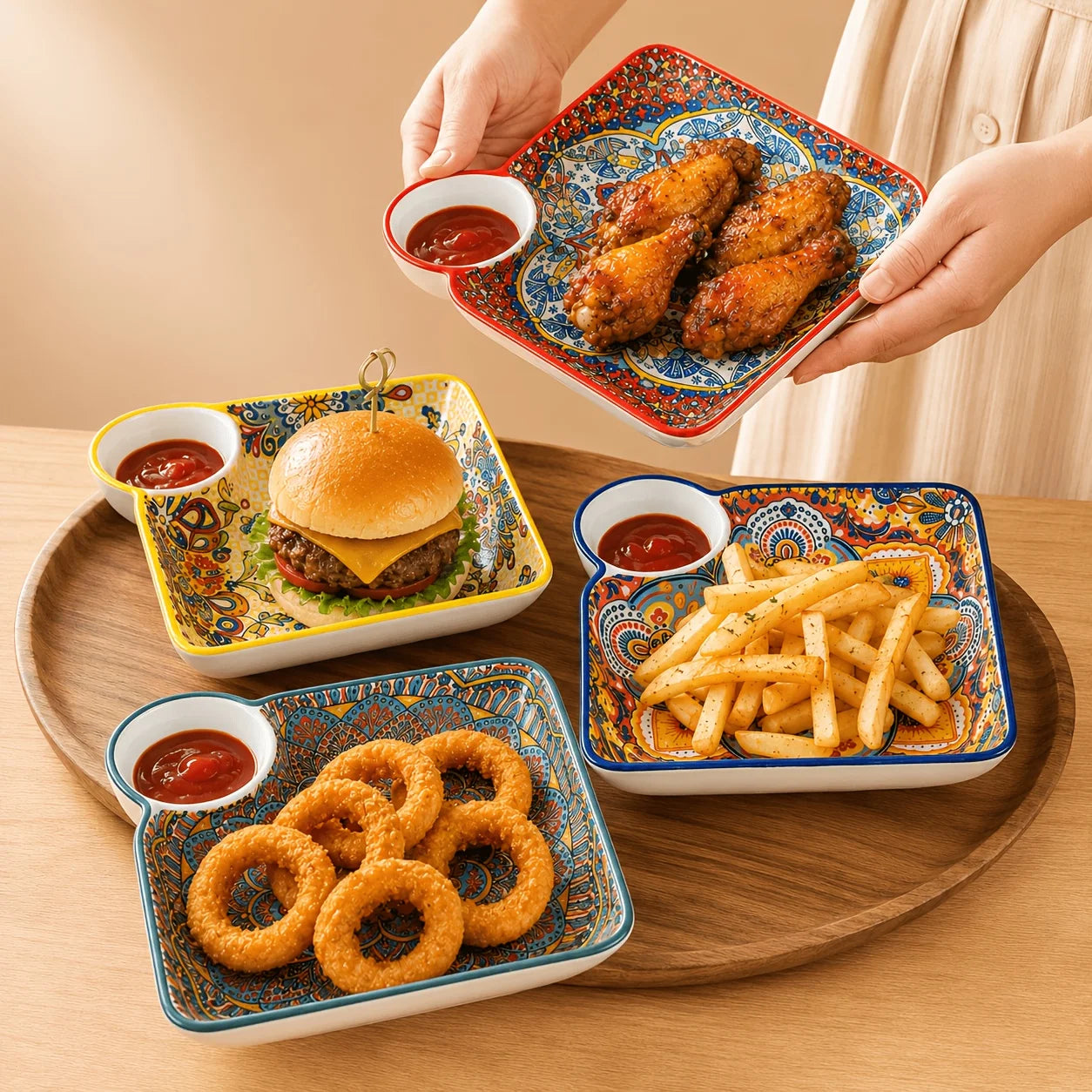 EVYIENEN Boho Dumpling Serving Set With Built In Sauce Dipping
