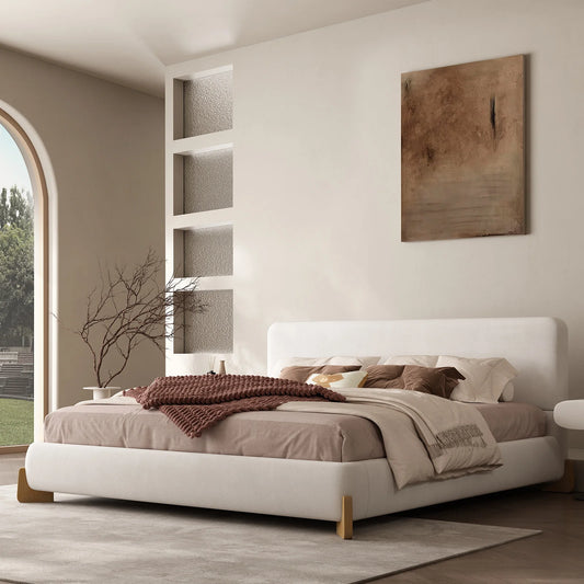 QWCCN Boucle Upholstered Platform Bed Frame With Wood Legs