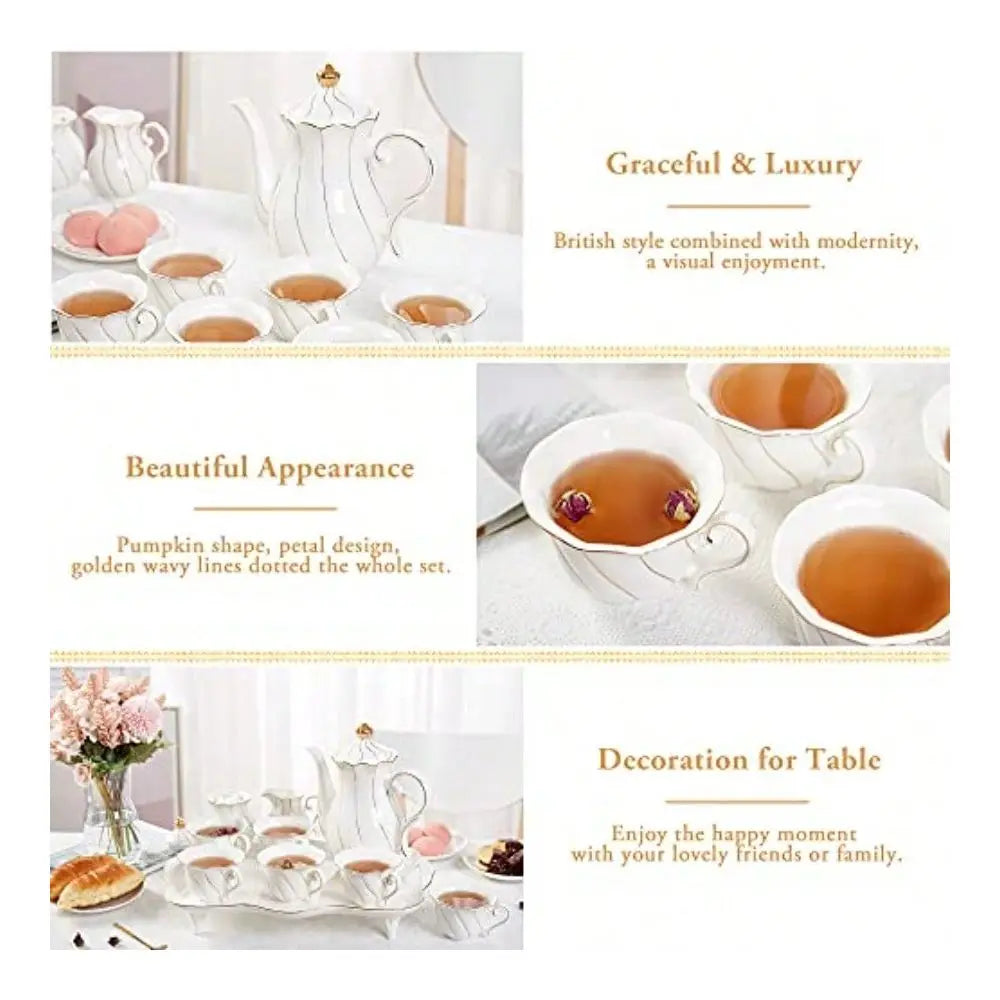 Elegant Porcelain Tea Set for Six with Tray Spoons and Golden Trim
