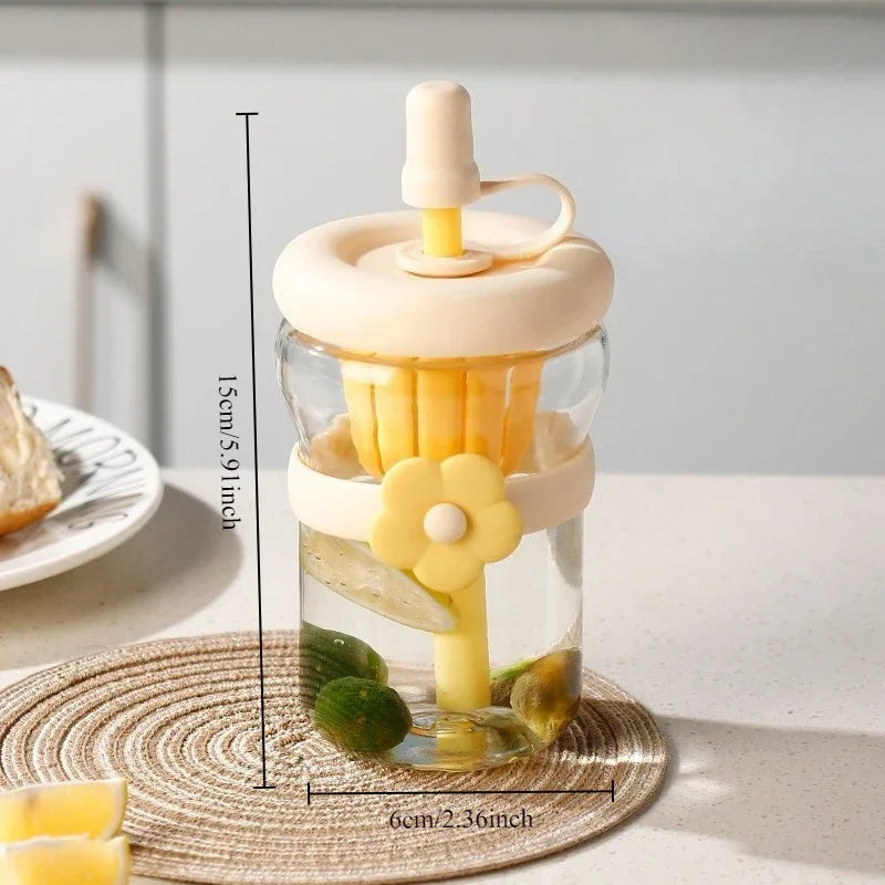 Flower Cup High Aesthetic Glass Portable Straw Cup Water Cup