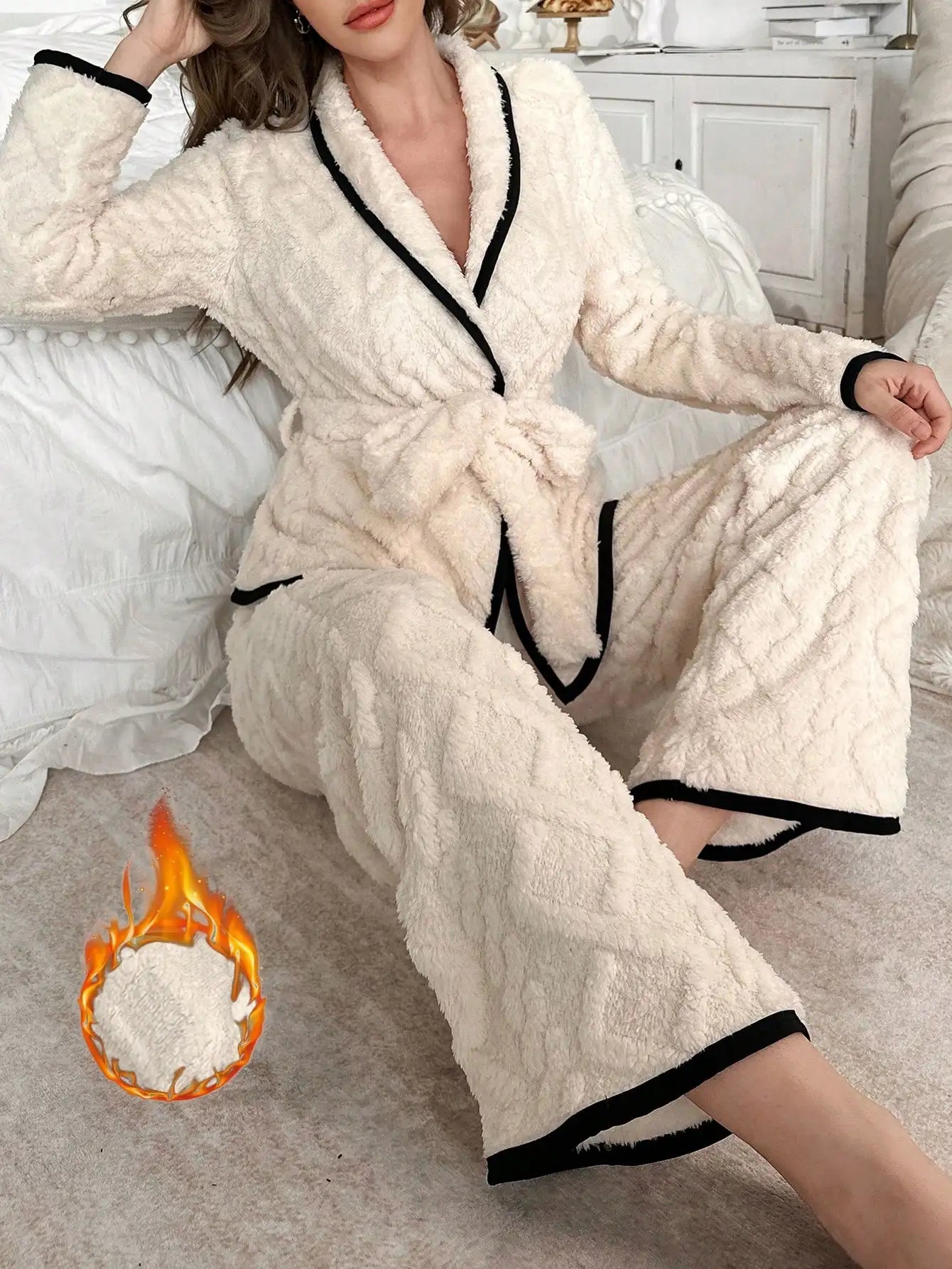 Plush Jacquard Robe Style Pajama Set With Contrast Trim