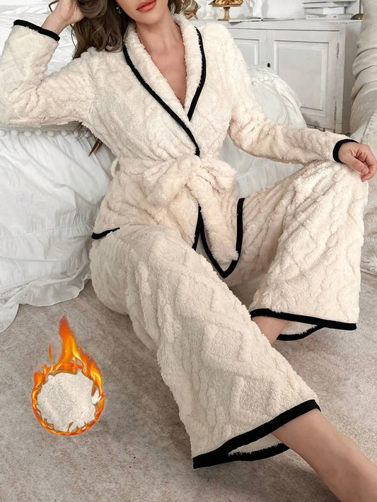 Plush Jacquard Robe Style Pajama Set With Contrast Trim