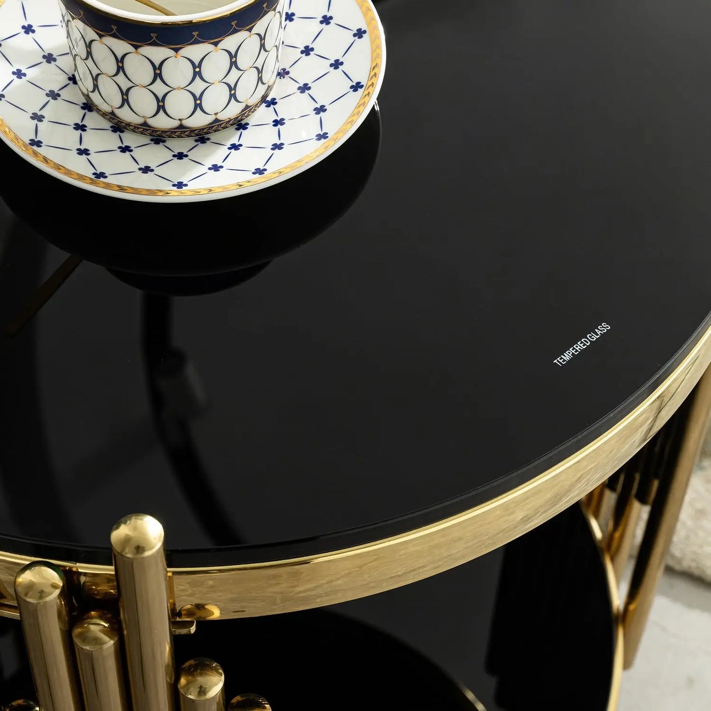 17.72" Round Sofa Side Table, 2-Tier Black Tempered Glass End Table with Gold Stainless Steel Frame for Living, Customized