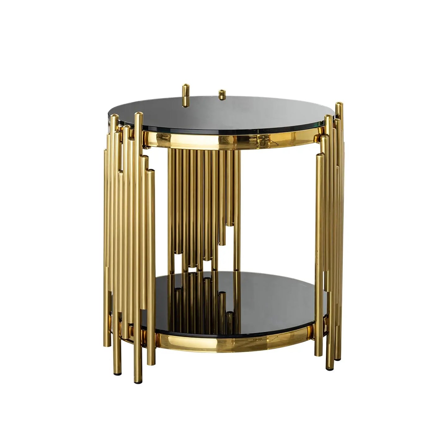 17.72" Round Sofa Side Table, 2-Tier Black Tempered Glass End Table with Gold Stainless Steel Frame for Living, Customized