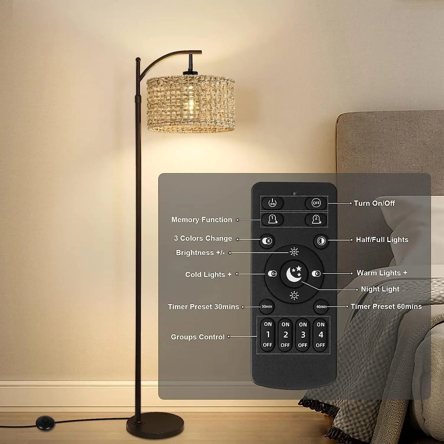 Remote Control Arc Floor Lamp with Adjustable Height and Color Temperature, Rattan Shade for Living Room Bedroom Office