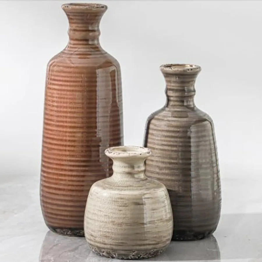 Ceramic Vase Set Of 3 Rustic Neutral Farmhouse Decor