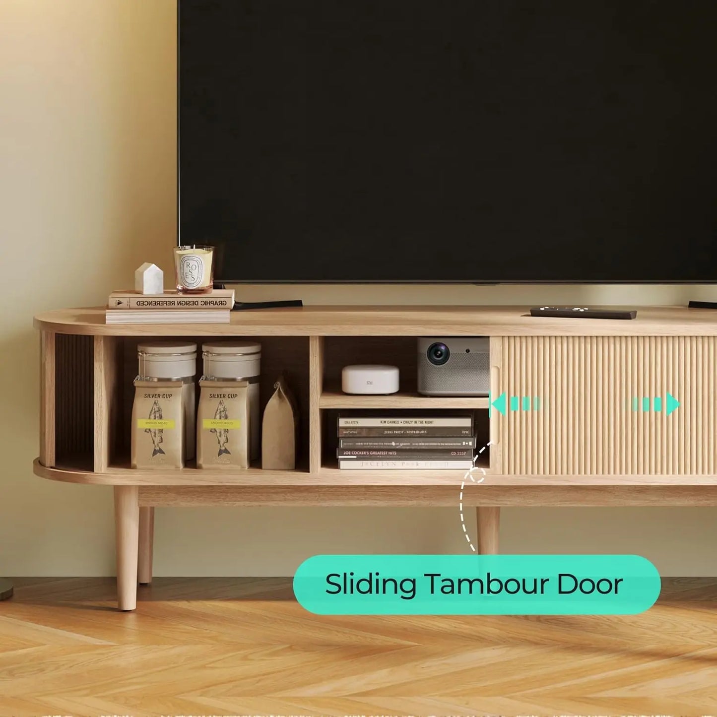 Mid Century Modern TV Stand with Sliding Tambour Door Oak Storage