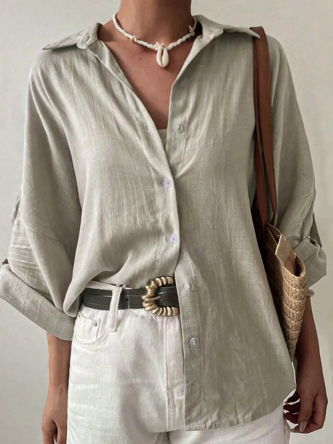 Women Linen Shirt With Rolled Cuff Button Detail Turn Down Collar Long Sleeve