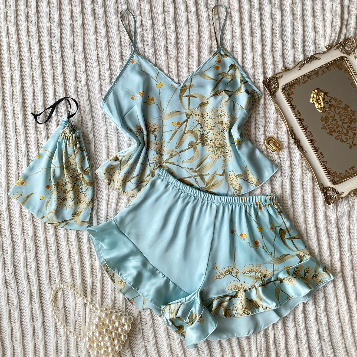 Elegant Floral Cami Tops And Shorts Pajama Set For Women