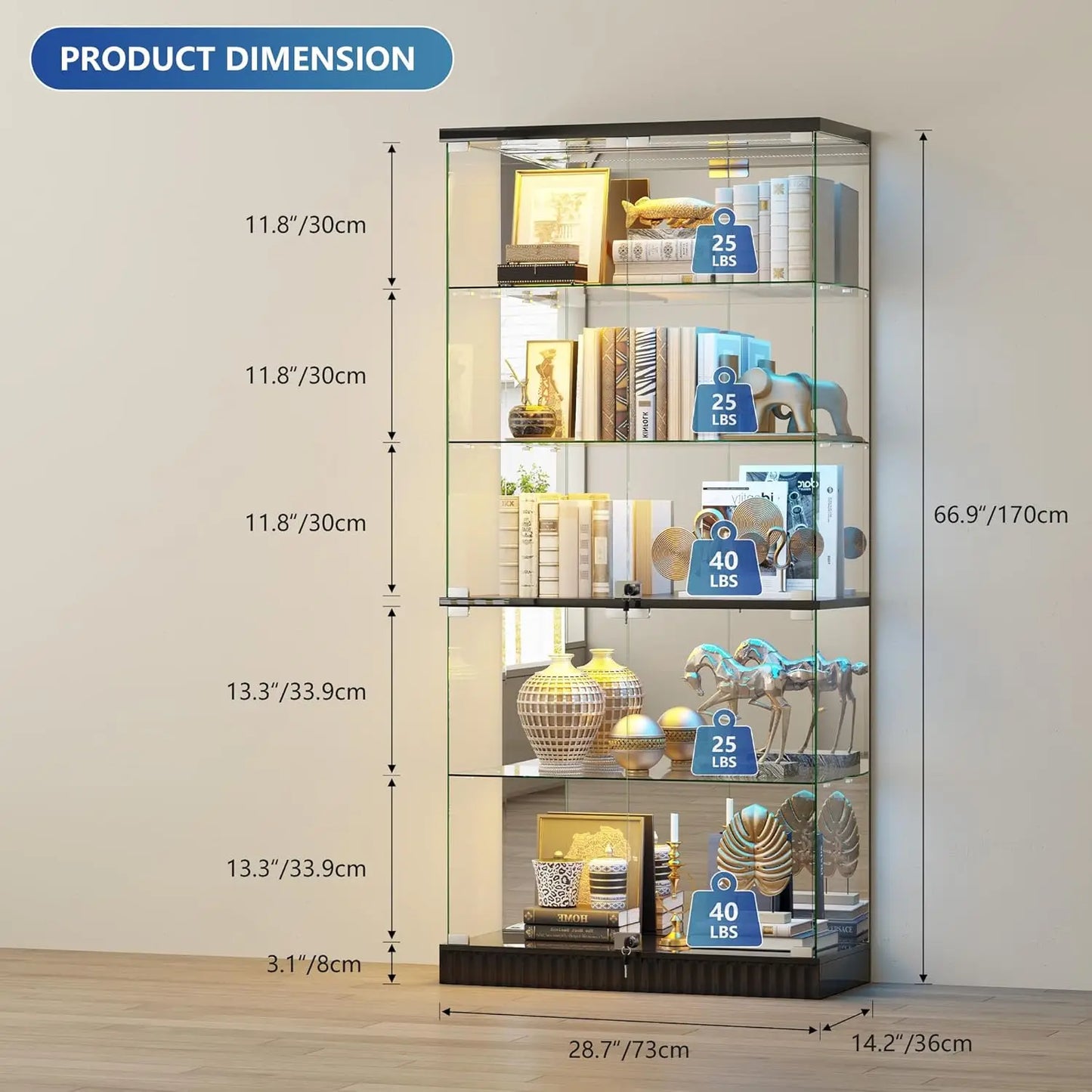 ZHILU Glass Display Cabinet With RGB Lights Curio Showcase
