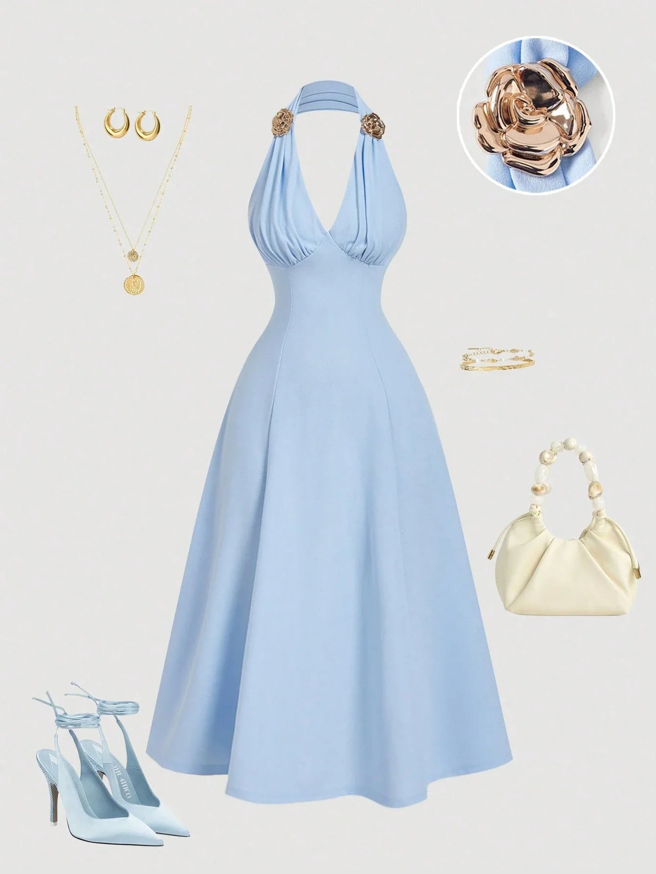 Elegant Halter Neck Midi Dress With 3D Floral Accents