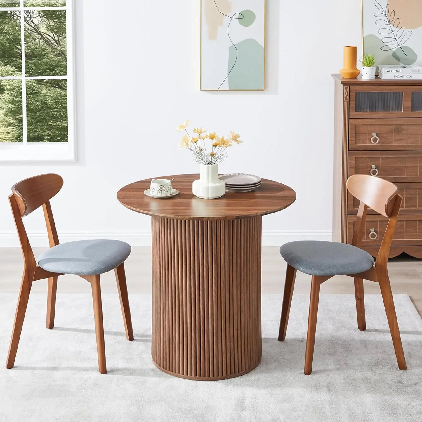 31.5" Round Dining Table for 2 People, Small Kitchen Dinner Table with Fluted Wood Base, Farmhouse Circle Dining, Customized