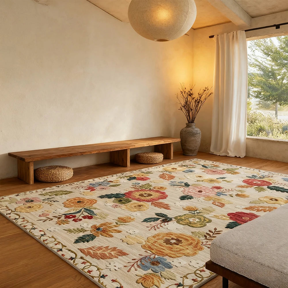 Boho Kilim Floral Polyester Area Rug Machine Washable Low Pile