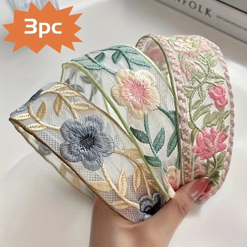 Elegant Chiffon Embroidered Flower Headband For Women Hair Accessories