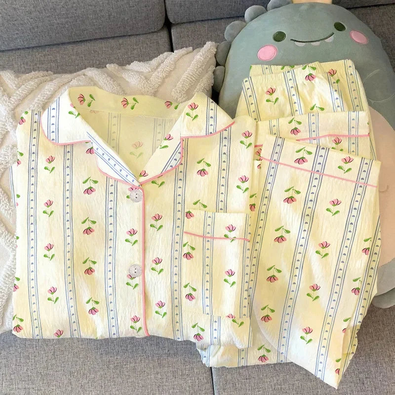 Flower Love Woman Pyjamas Spring Summer 2 Piece Pajama Clouds Cotton Sleepwear Long Sleeve Pants Pijama Mujer Pjs Loungewear