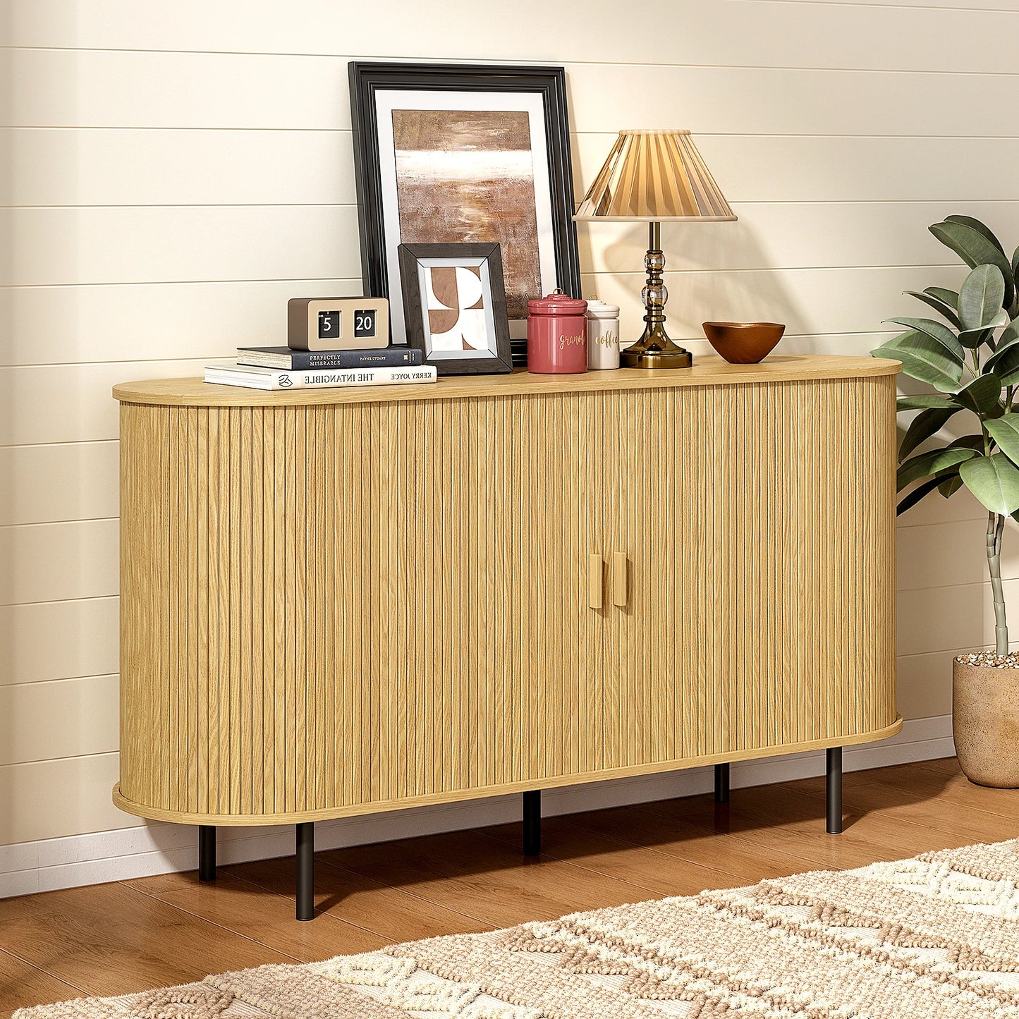 55" Sideboard Buffet Cabinet, Storage Cabinet  Adjustable Shelf, Wood Fluted Accent Coffee Bar Console Table for Kitchen