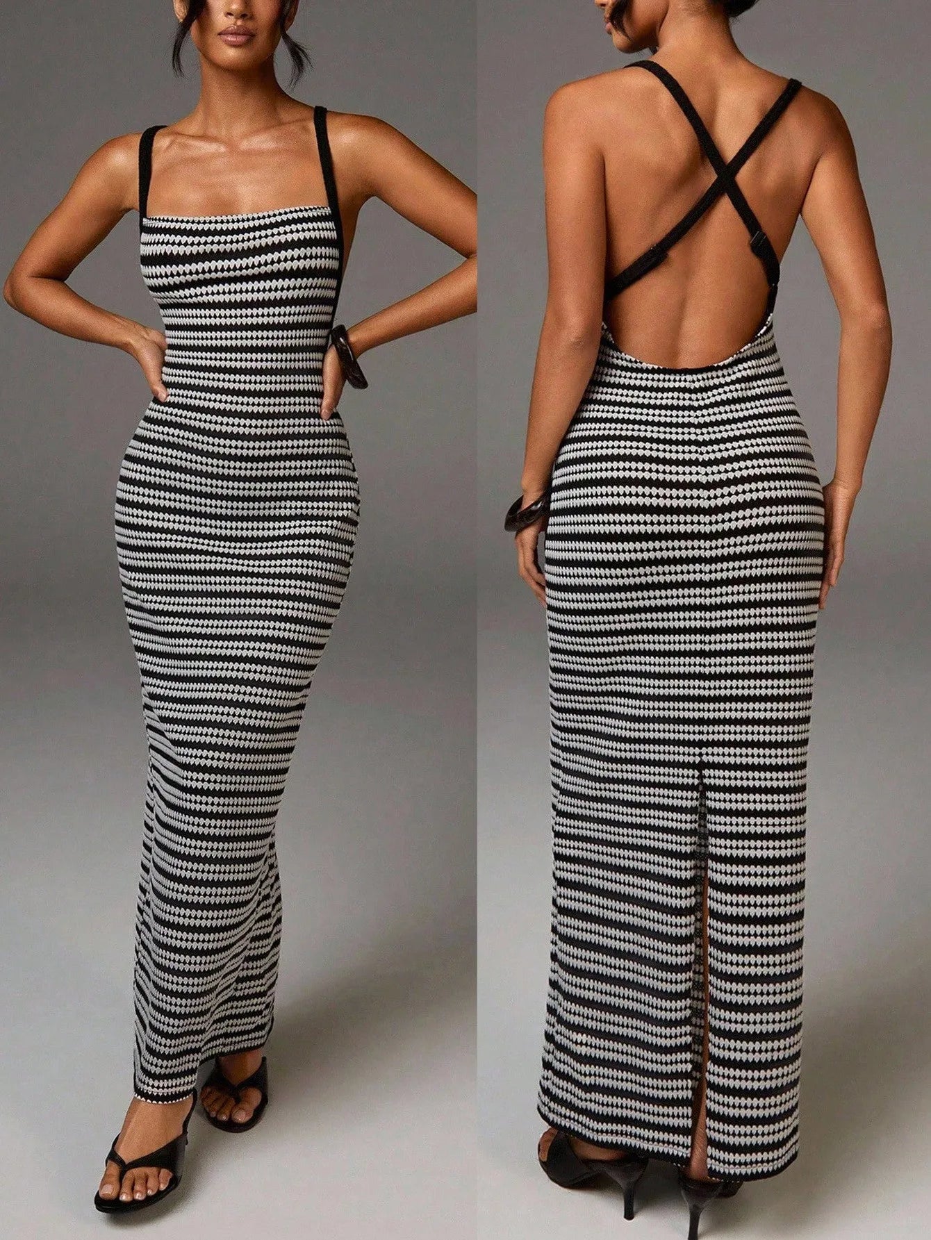 Elegant Geometric Knit Maxi Dress With Cross Back Straps