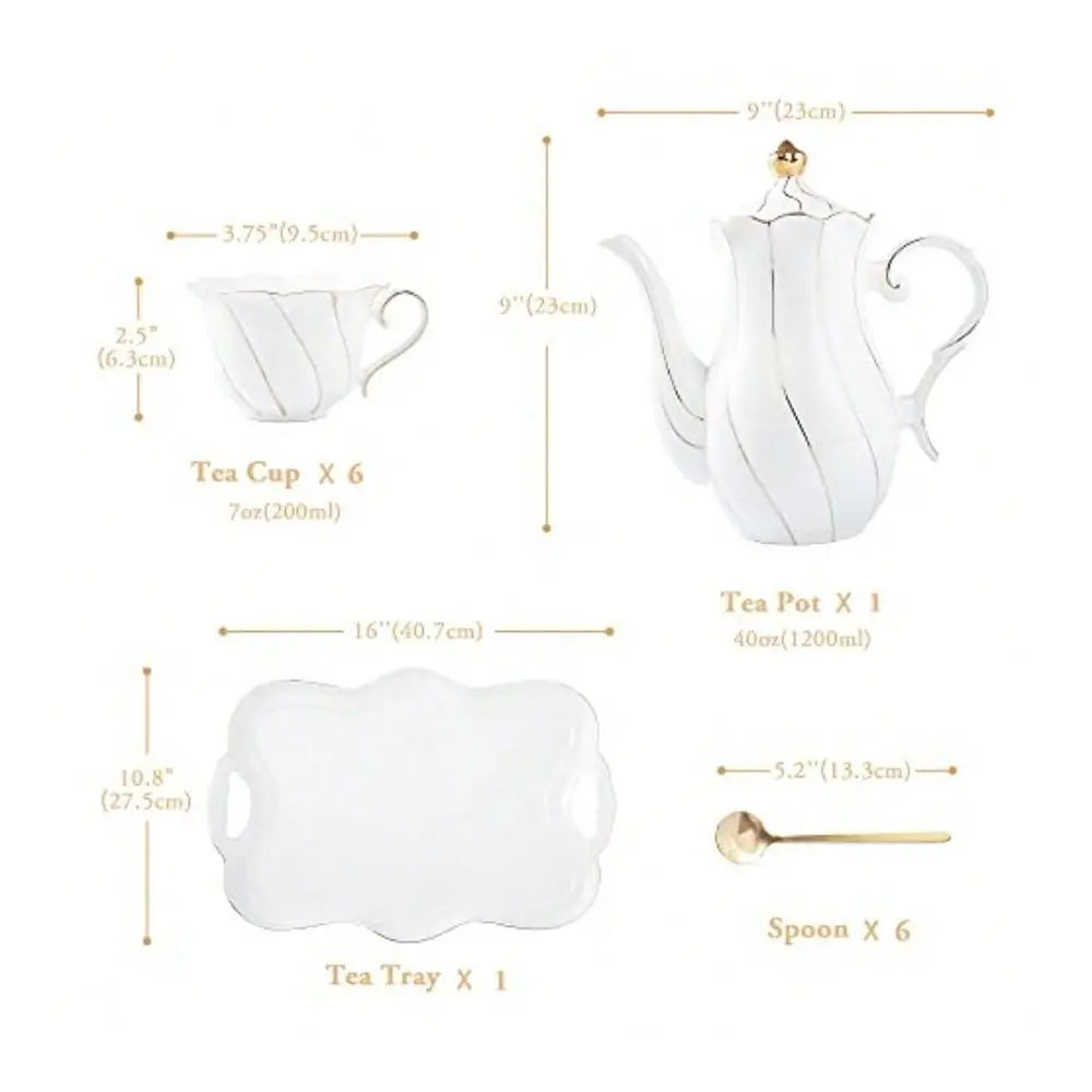 Elegant Porcelain Tea Set for Six with Tray Spoons and Golden Trim