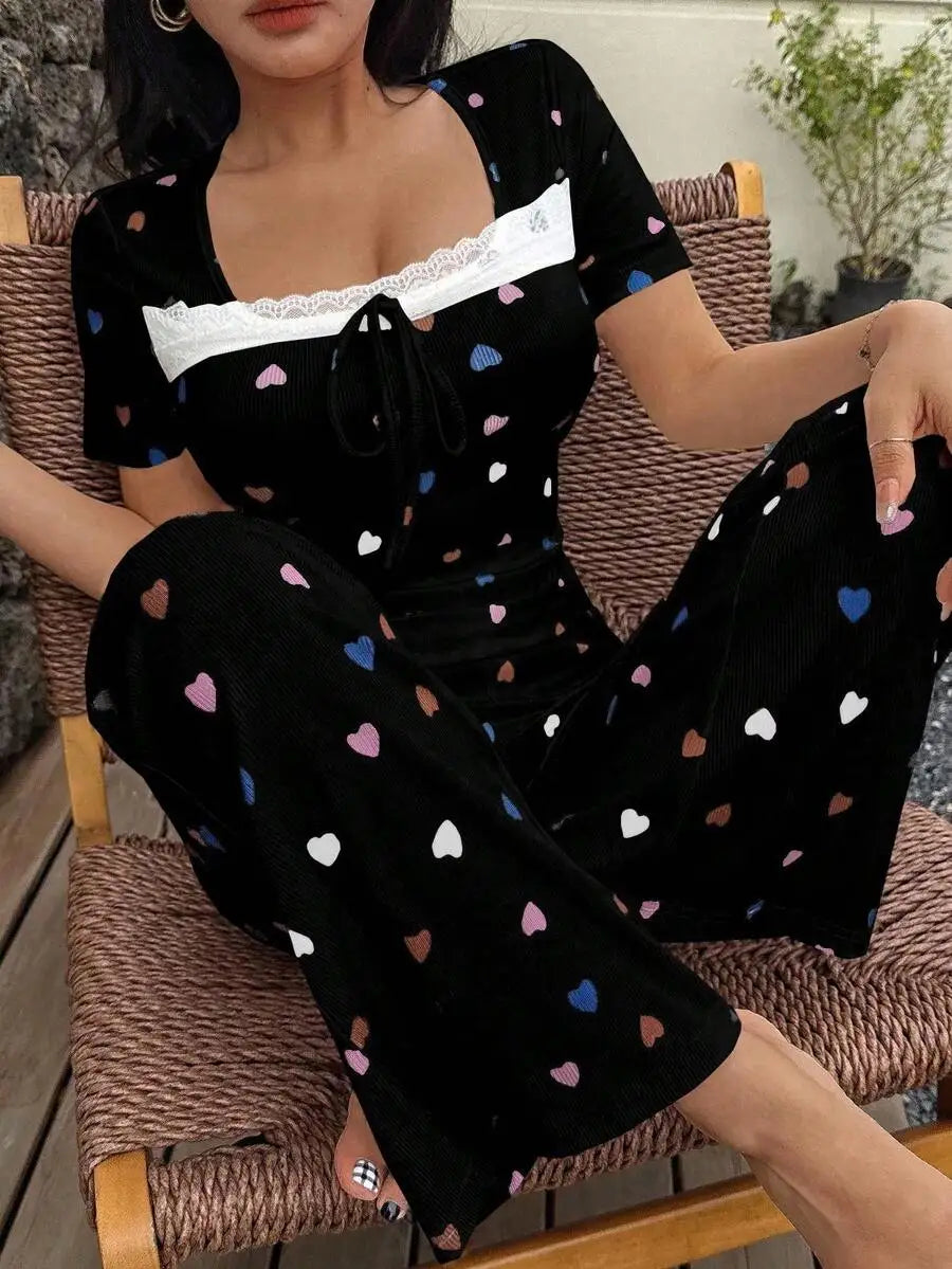Heart Print Square Neck Ribbed Top And Flare Pants Set
