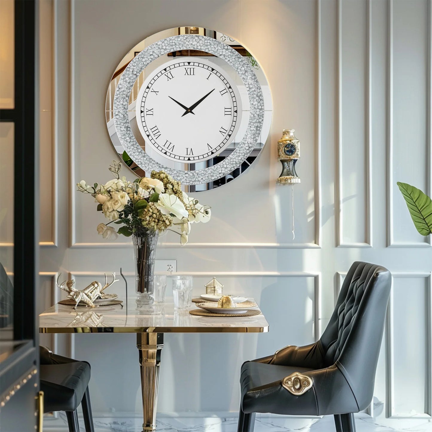 Round Mirror Wall Clock With Crystal Sparkle For Living Room