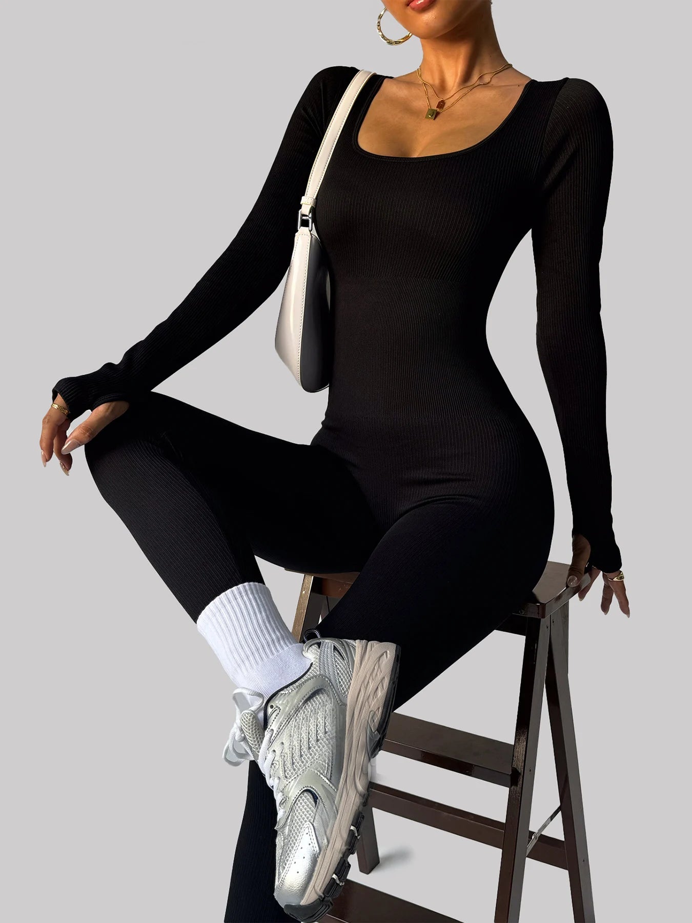 Women's Long-Sleeved One-Piece Yoga Bodysuit Jumpsuit