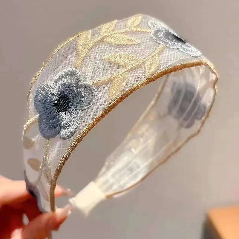 Elegant Chiffon Embroidered Flower Headband For Women Hair Accessories