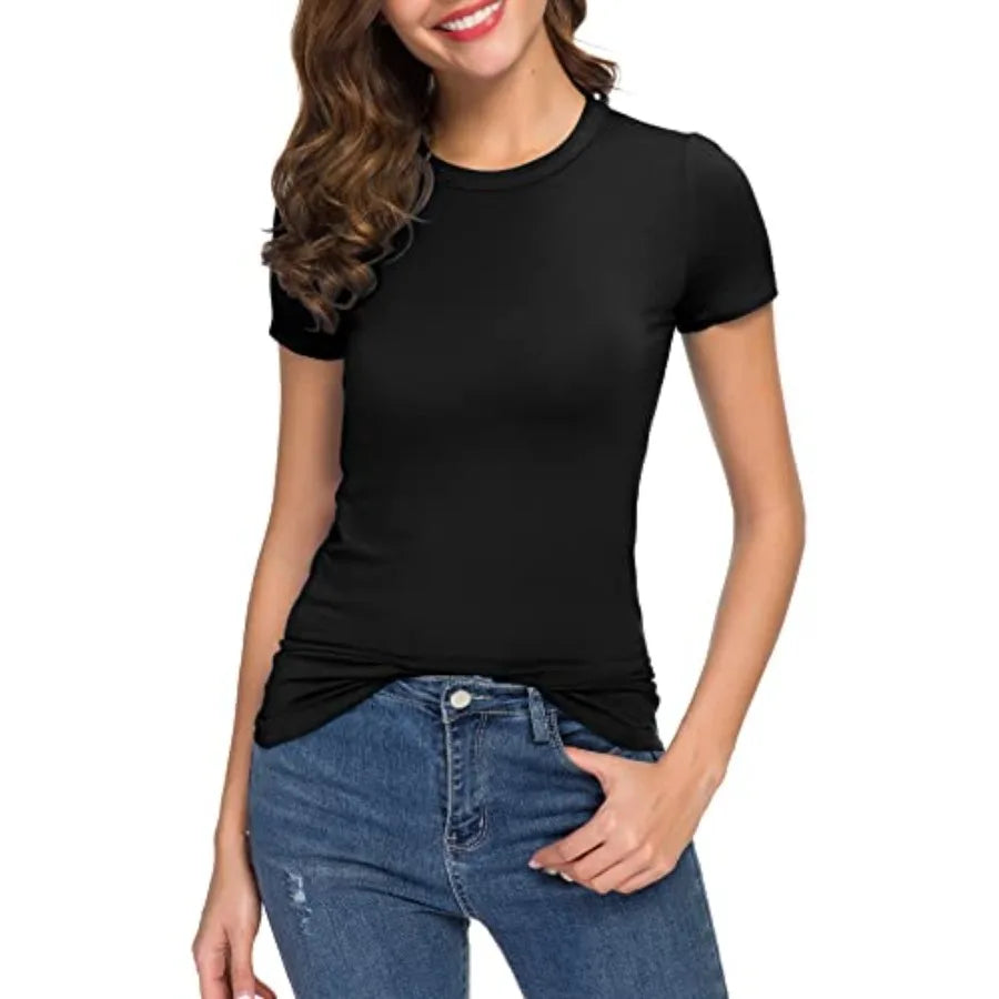 Women's Slim Fit Crewneck Short Sleeve T Shirt Stretch Knit