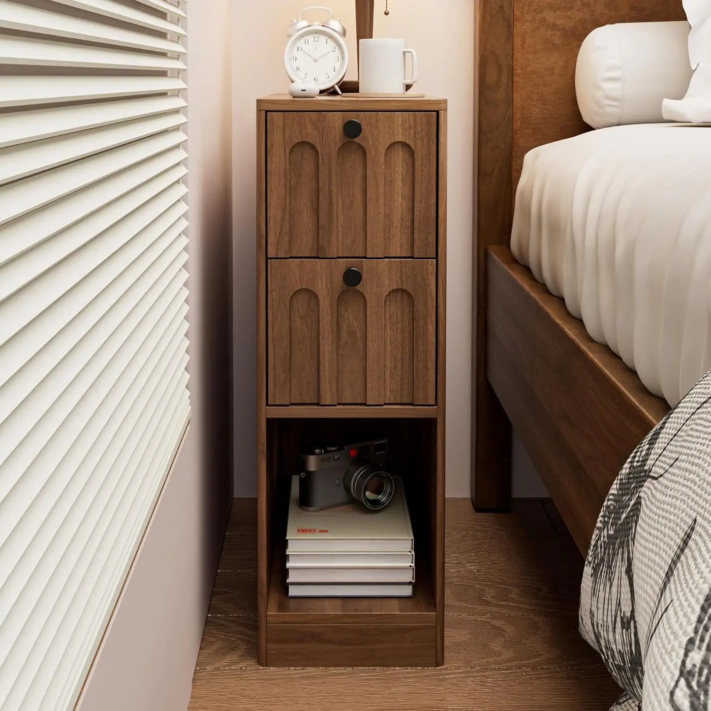 Narrow Fluted Wooden Nightstand With 2 Drawers Slim Bedside Cabinet