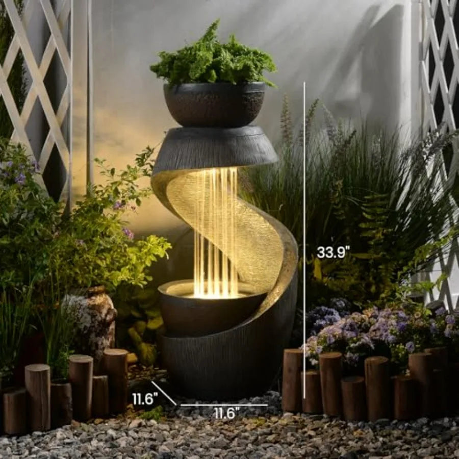 Outdoor Water Fountain With LED Lights Resin S Shaped Bowl