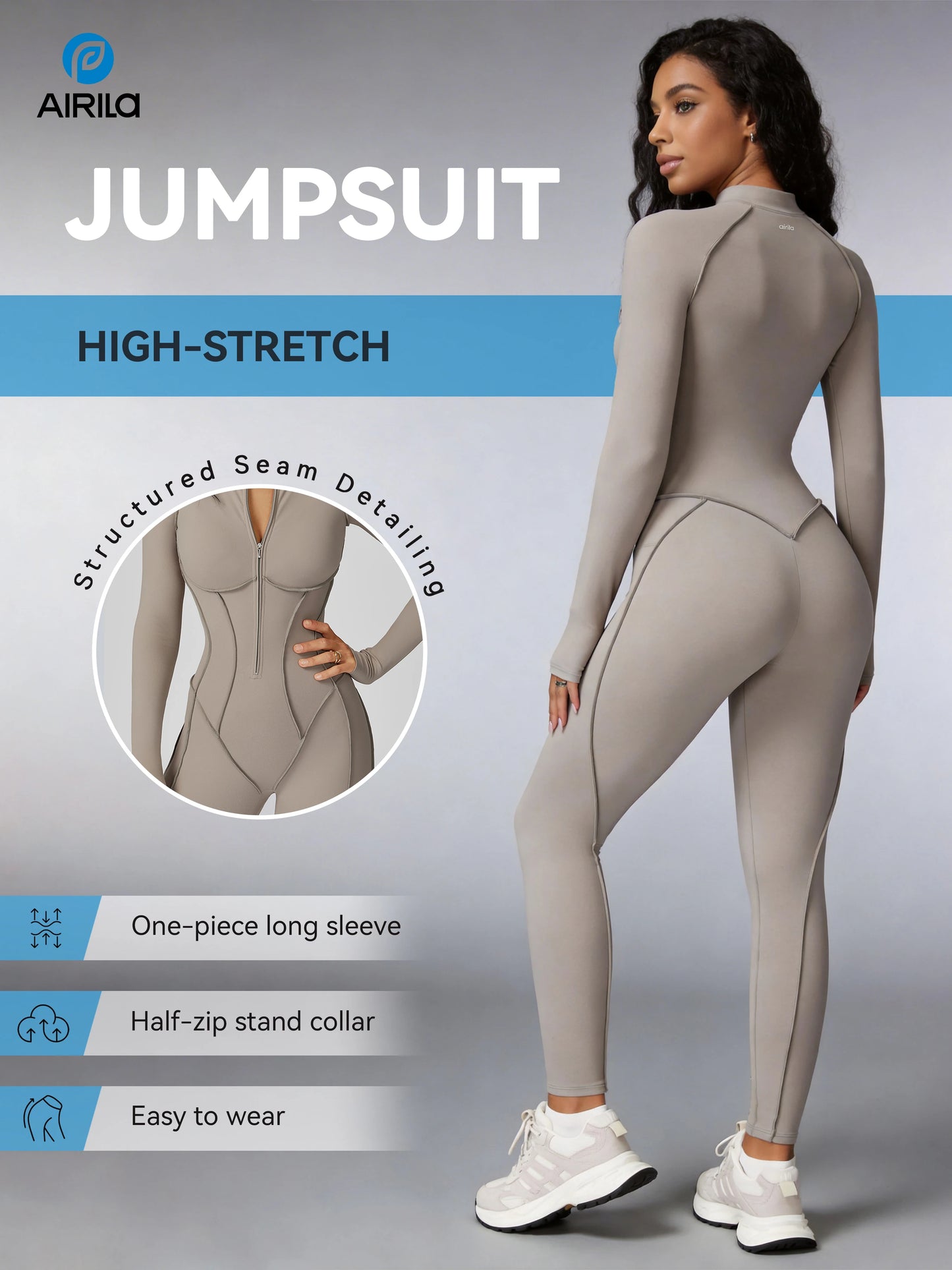 Zip Front Long Sleeve Yoga Jumpsuit For Women, Tummy Control
