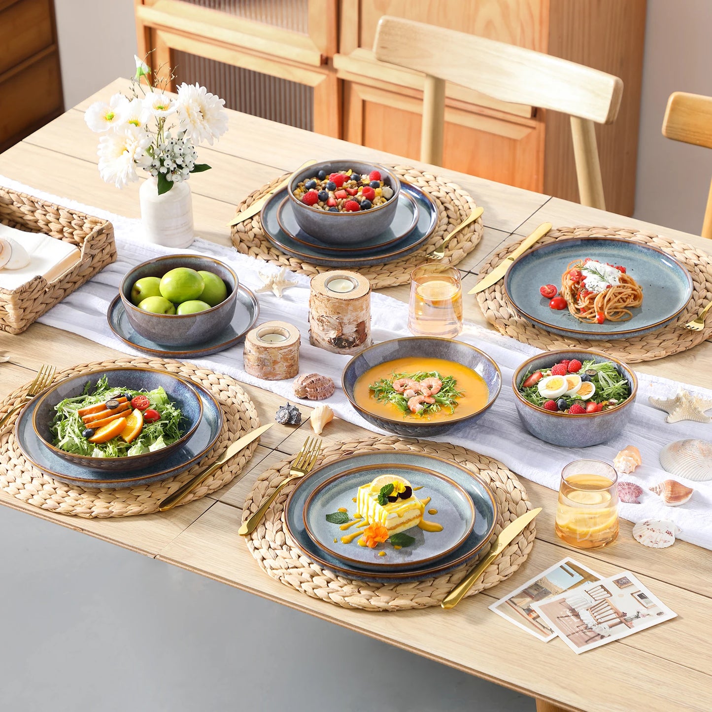 MALACASA Reactive Stoneware Dinnerware Set with Plates and Bowls