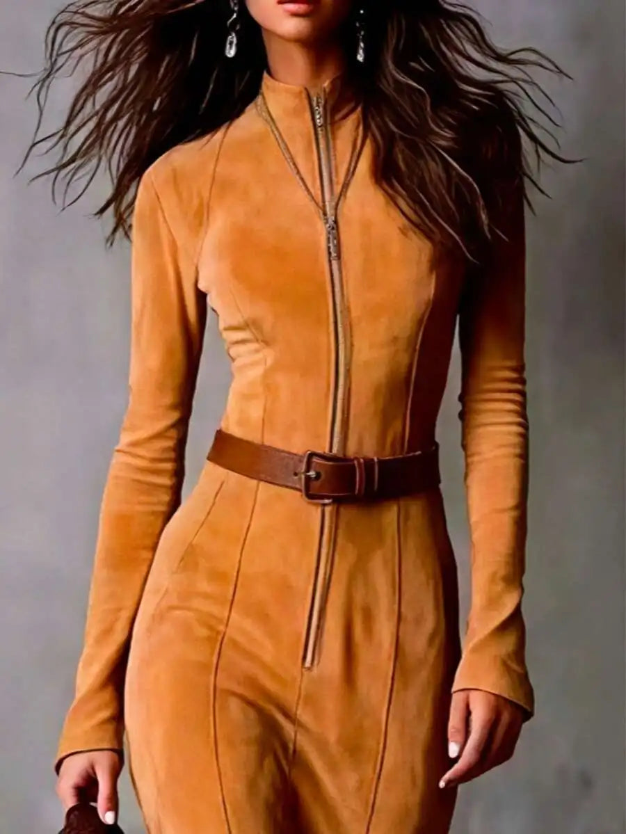 Women's Suede Full Zip Long Dress With High Slit Elegant