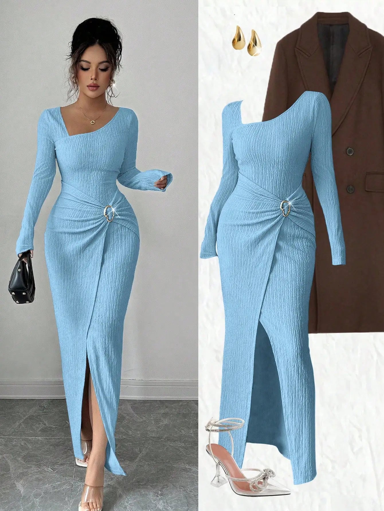 Asymmetrical Neck Knitted Bodycon Dress With Twist Waist Side Slit