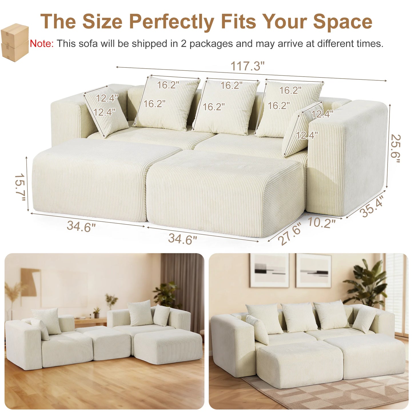 117” Boneless Sofa, Cloud Couch with Deep Seat, Comfy Corduroy Modular Sectional Couch,Memory Foam,No Assembly,For Living Room