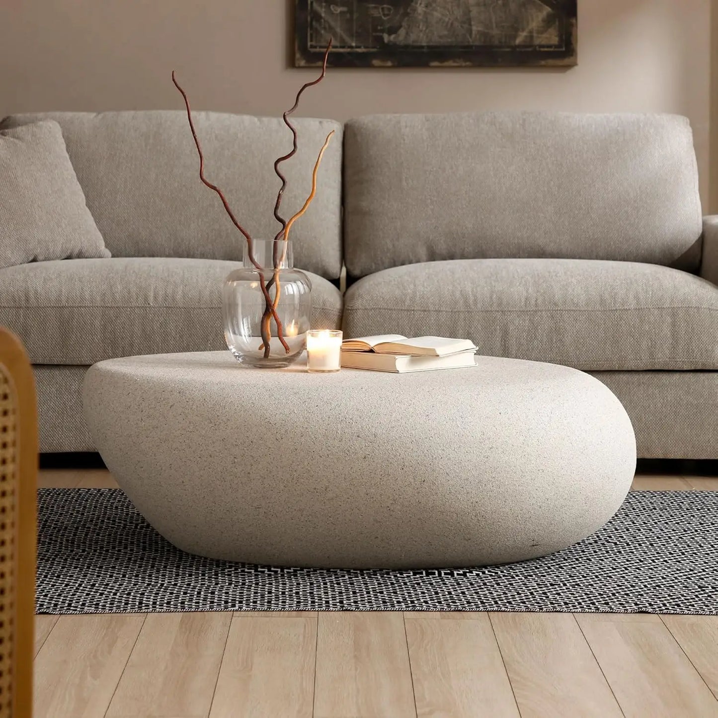 Oval Faux Stone Coffee Table Minimalist Fiberglass Design No Assembly