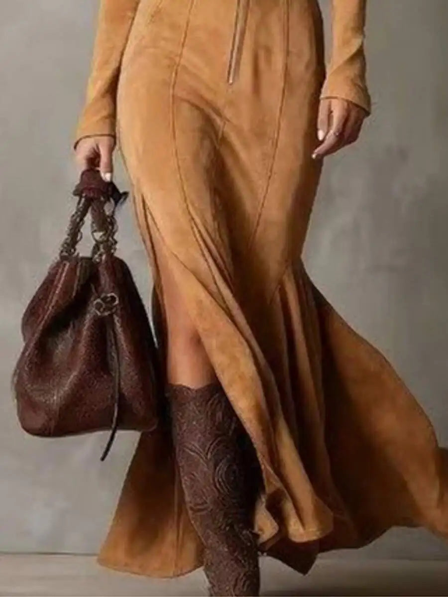 Women's Suede Full Zip Long Dress With High Slit Elegant
