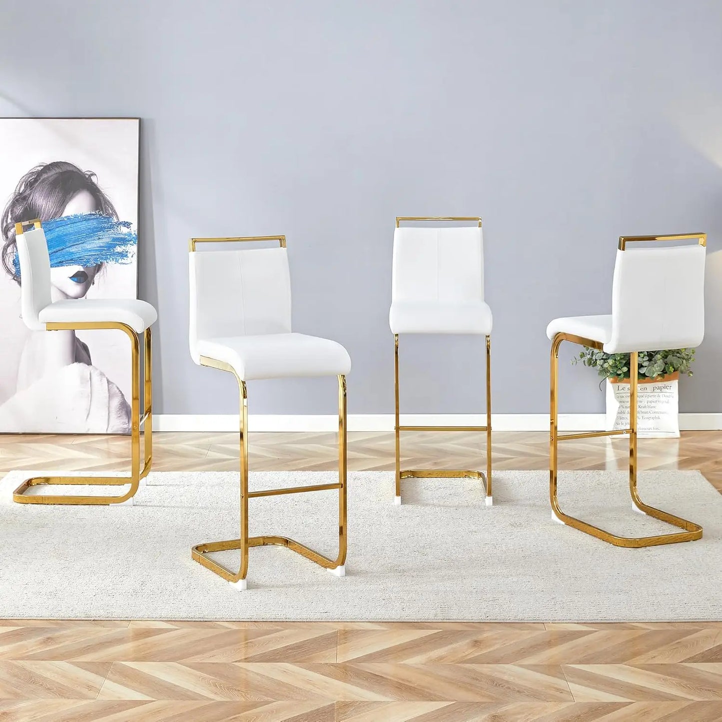 Bar Stools Set of 4,Gold Bar Stools with Back,25" White Island Chairs with Gold Plated Metal Leg,Faux, Customized