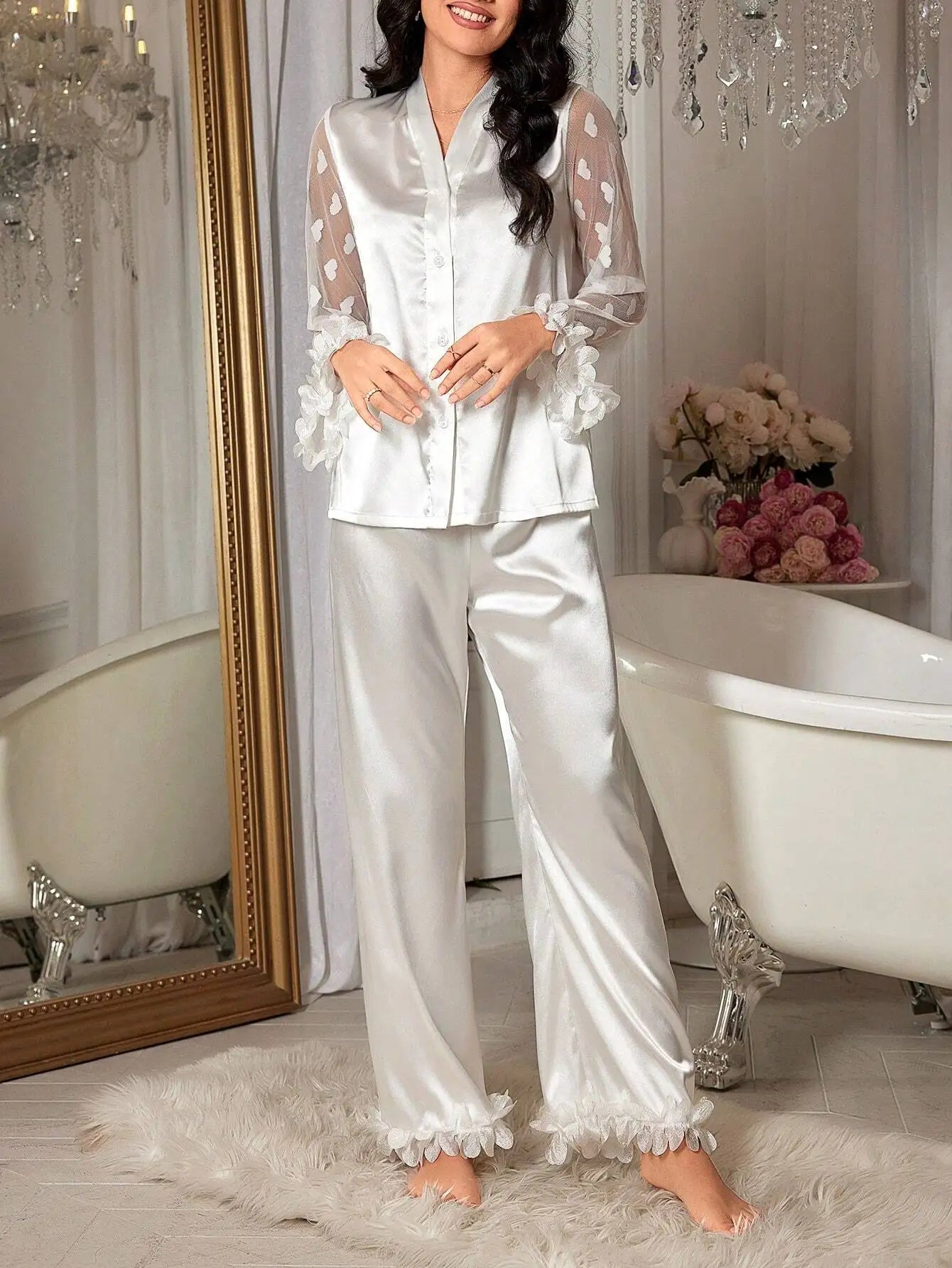 Satin Pajama Set With Floral Lace Sleeves And Ruffled Hem
