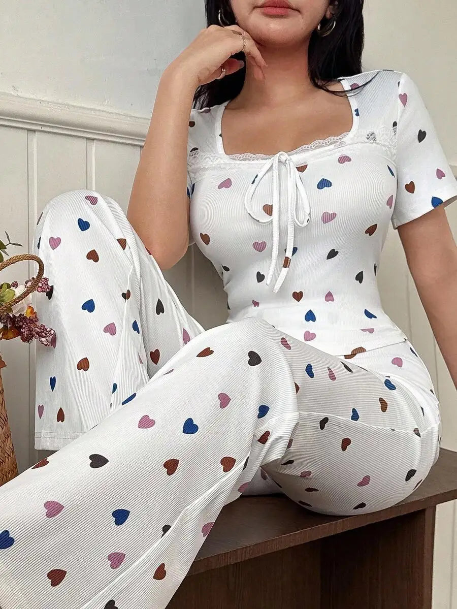 Heart Print Square Neck Ribbed Top And Flare Pants Set